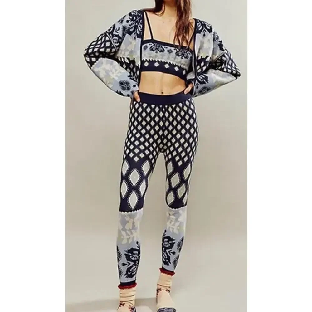 Free People Snow Bunny Knit SET Cardigan & Leggings XS Blue Lounge Nordic Indie